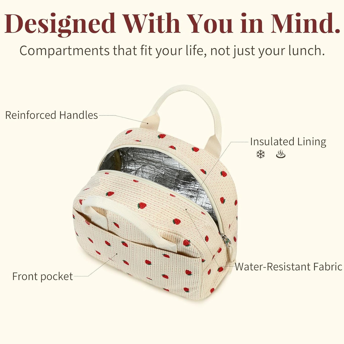 Insulated Cloud Blue Lunch Bag for Women, Stylish Corduroy Tote with Aluminum Lining, Large Capacity Reusable Cooler for Work, Travel, Beach or Picnic, Cloud Blue Water-Resistant Lunch Box