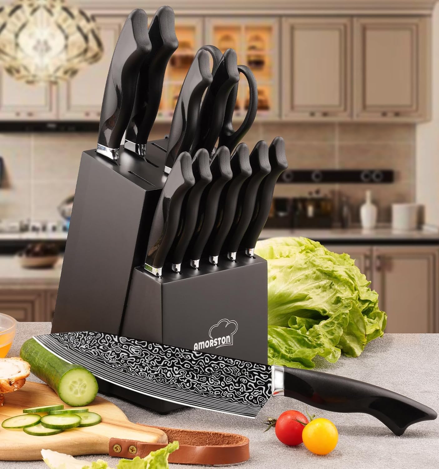 Knife Set, 15 Pieces Kitchen Knife Set with Built in Sharpener, High C