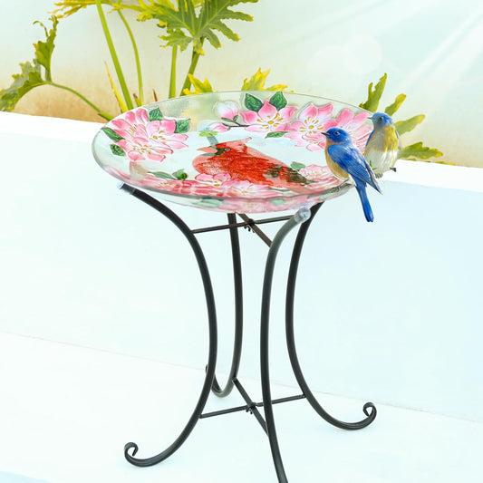 MUMTOP Outdoor Glass Birdbath with Metal Stand for Outside Lawn Yard G