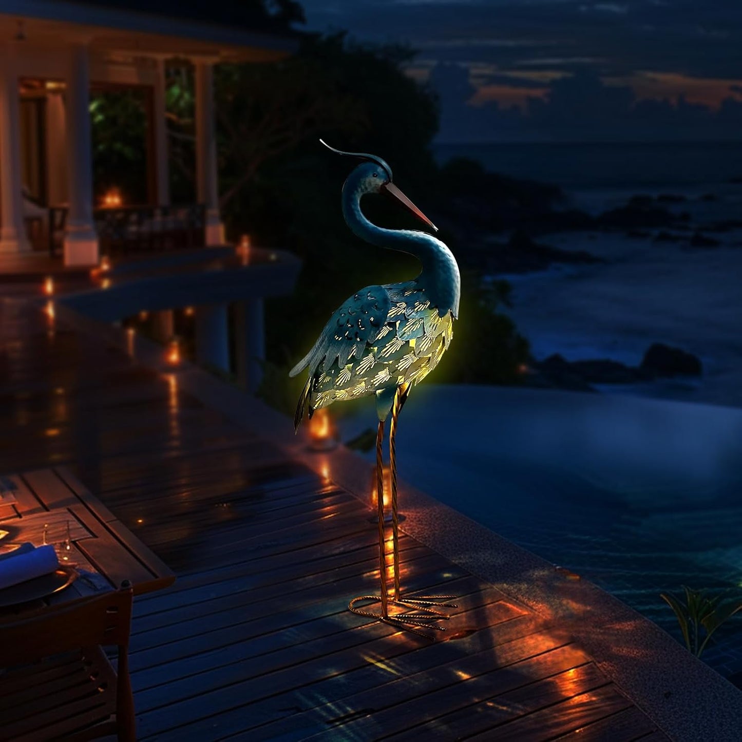 HONGLAND Solar Metal Crane Statue Garden Heron Sculpture, Outdoor Heron Yard Art Coastal Ocean Bird Decor Lawn Ornament for Backyard Porch Patio Decor(30 Inch)