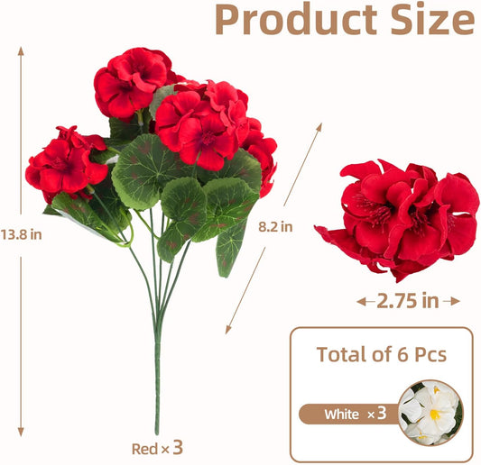 Artificial Flowers, Artificial Plants Outdoor, Artificial Geraniums, Realistic Fake Flowers, Porch Decorations, for Garden, Patio, Window Box, Party Wedding Decoration (6, Red, White)