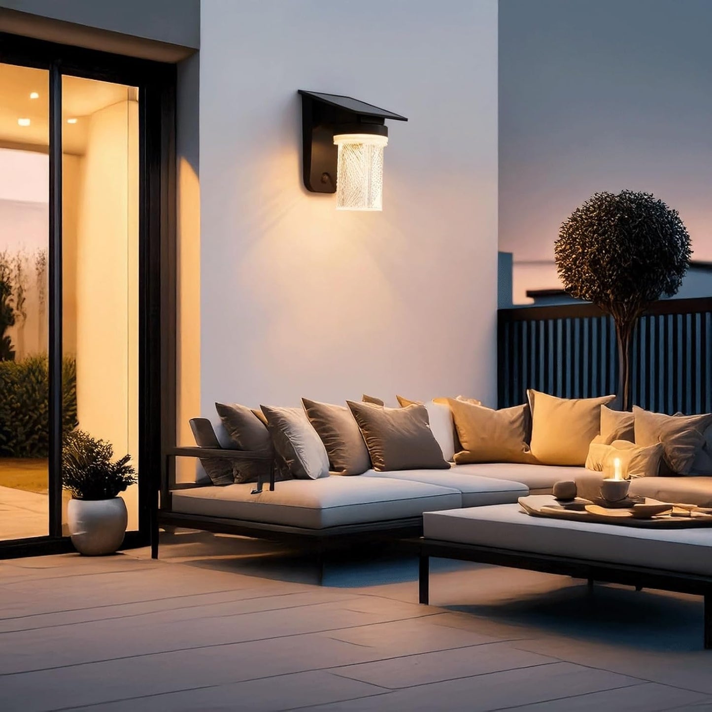 Solar Wall Lantern, Outdoor Wall Sconce, Exterior Wall Light, IP65 Black ABS PC with Textured Shade, Rechargeable 3 Color LED for Porch Garden Patio Balcony Villa Entryway Gate Cottage