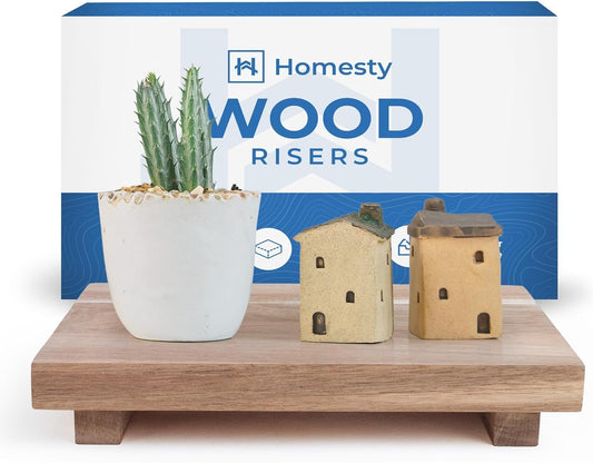 Homesty Wood Risers for Decor - Acacia Wood Tray for Kitchen Counter - Pedestal Stand for Bathroom Counter Decor - Wooden Riser, Dish Soap Tray, Soap Stand (Natural)
