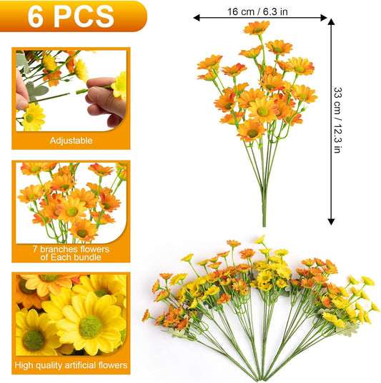 Daisy Artificial Fake Flowers Plants for Outdoor Outside Fall Decor, 6 Bundles Fake Mums UV Resistant Look Real for Planter Pot Porch Patio Balcony Garden Yard (Orange Yellow)