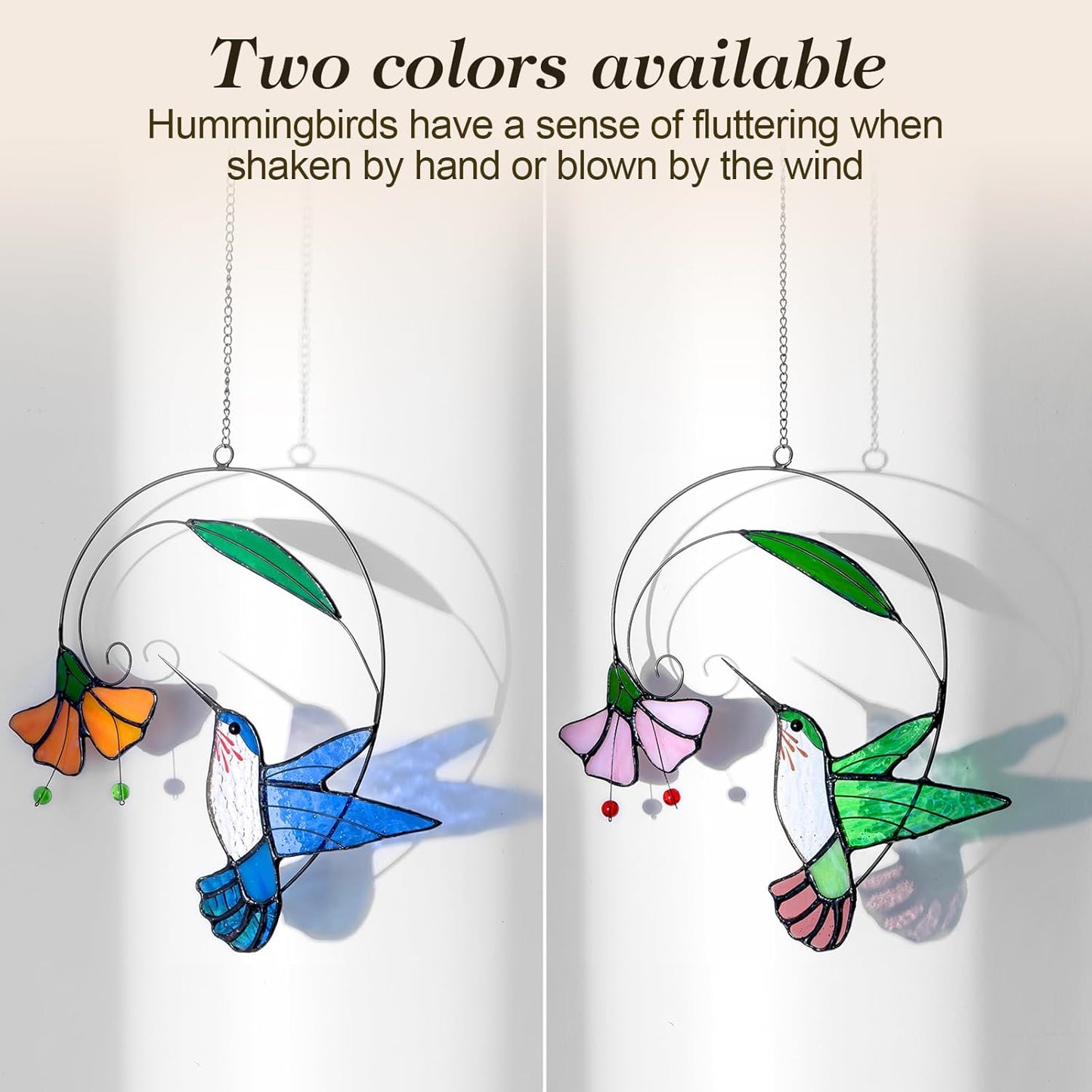 Stained Glass Hummingbird Suncatcher with Flower Branch - Handmade Real Glass Window Hanging, Bird Safe Gift for Women, Mom & Bird Lovers - Vibrant Porch & Kitchen Decor (Green)