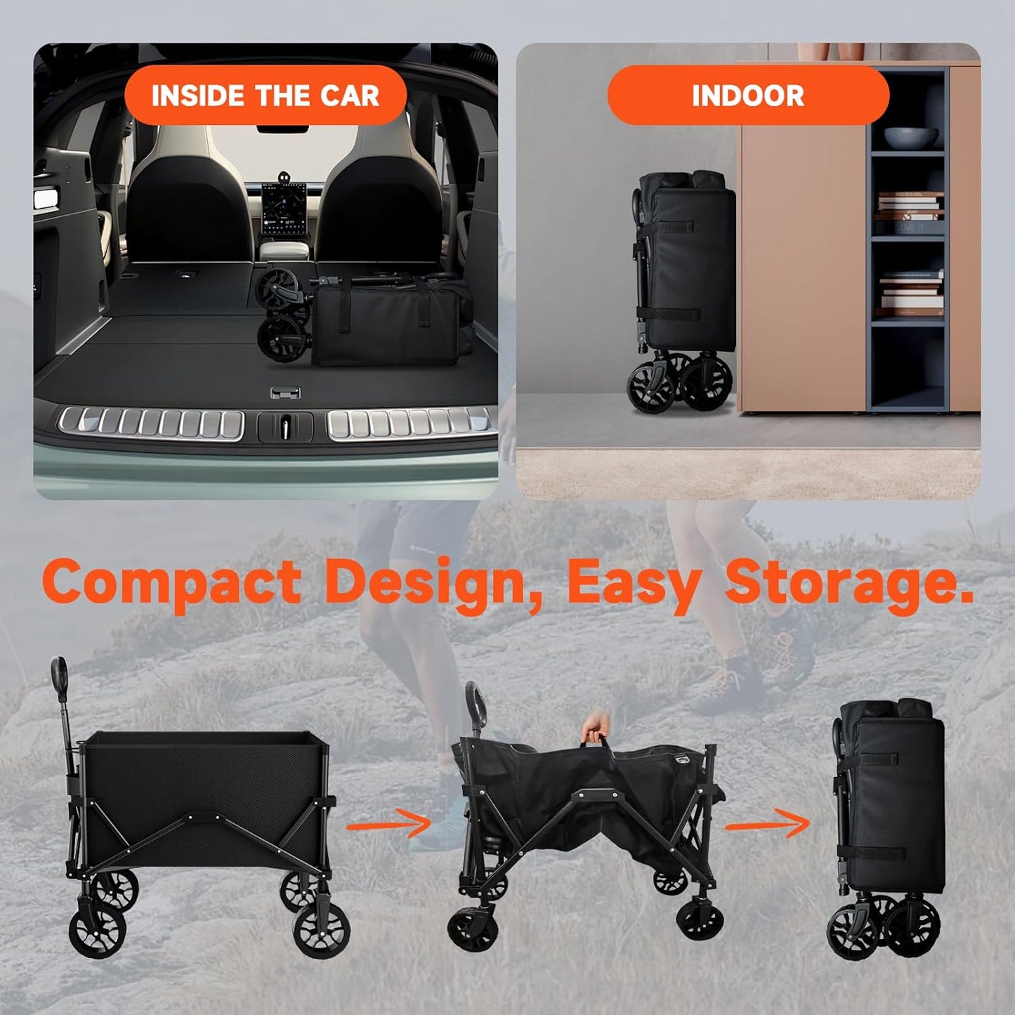 Collapsible Folding Wagon, Wagon Cart Heavy Duty Foldable with Two Drink Holders, Utility Grocery Wagon for Camping Shopping Sports