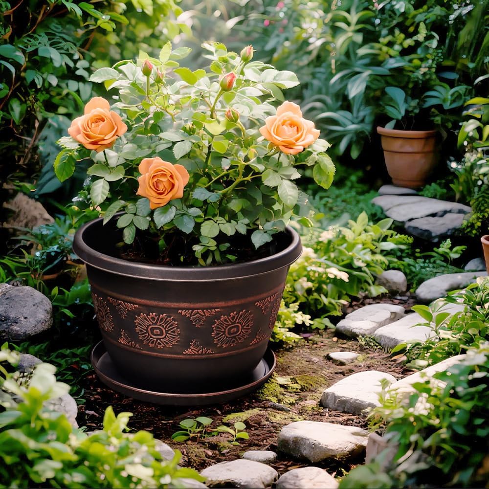 4 Pack 10 inch Plant Pots, Retro Pattern Planters with Drainage Holes