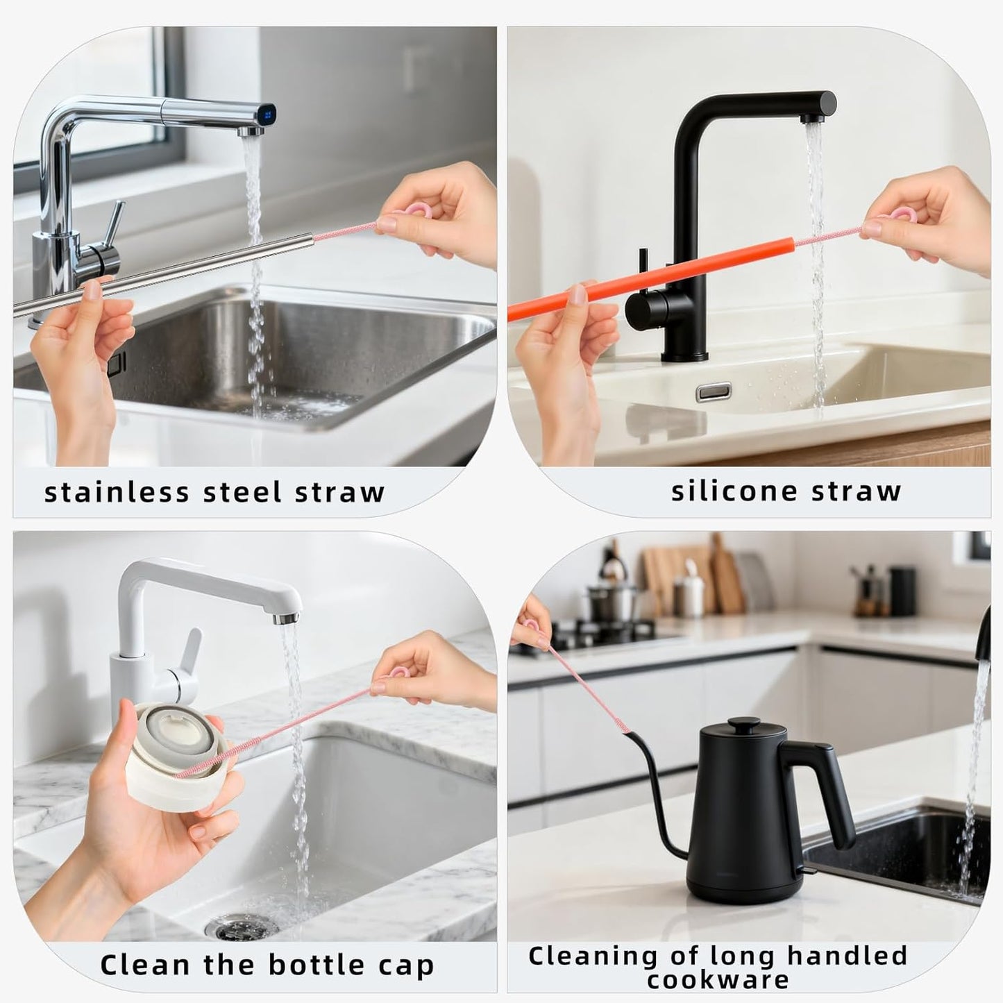 Silicone Straw Cleaner Brush, 4-Piece Reusable Straw Brush Set with Extra-Long Design for Cleaning Thin Metal Straws and Wider Milkshake Straws (6mm+9mm Pink)