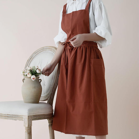 Aprons, Gardening Apron for Women Cross Back Aprons for Women Pinafore Apron Women Cotton Linen Cross Back Apron with Pockets for Gardening Works Pinafore Dress