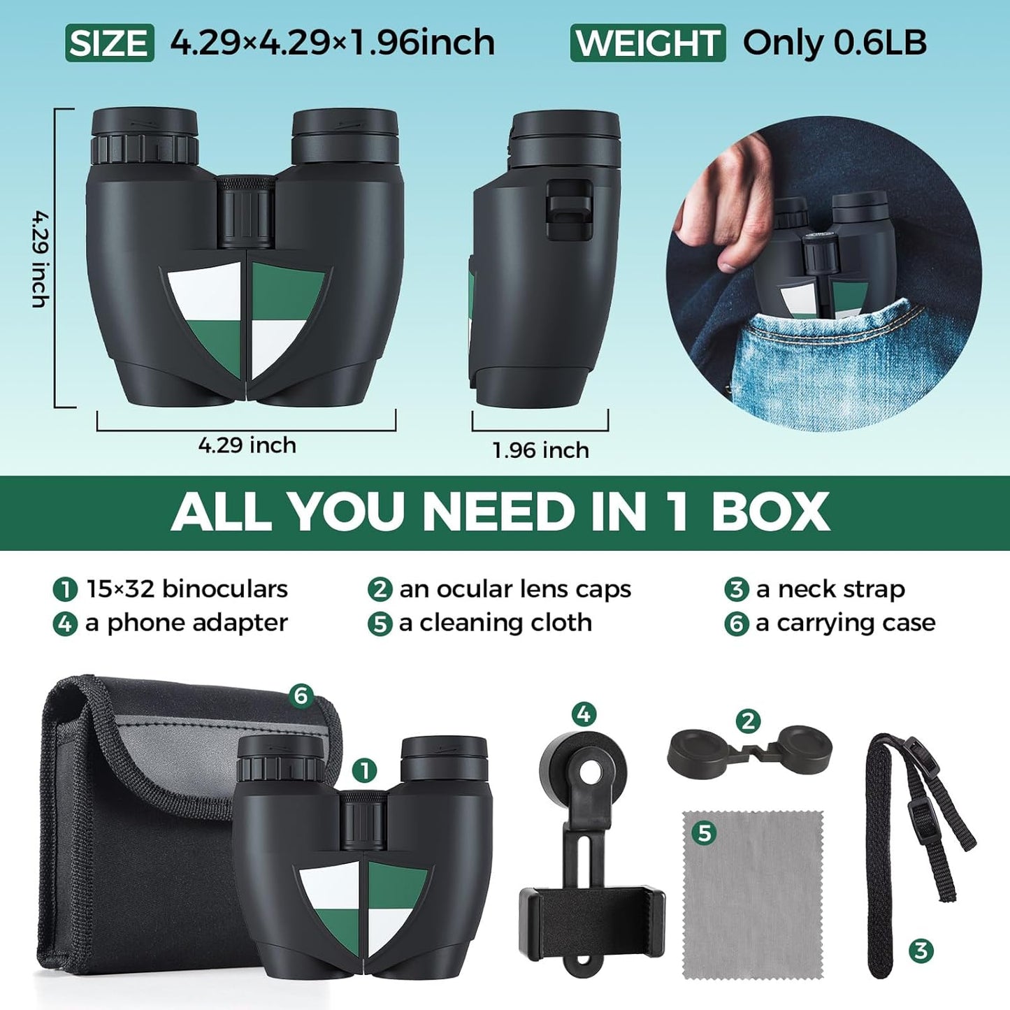 15x32 Compact Binoculars for Adults, High Power Lightweight Small Bino