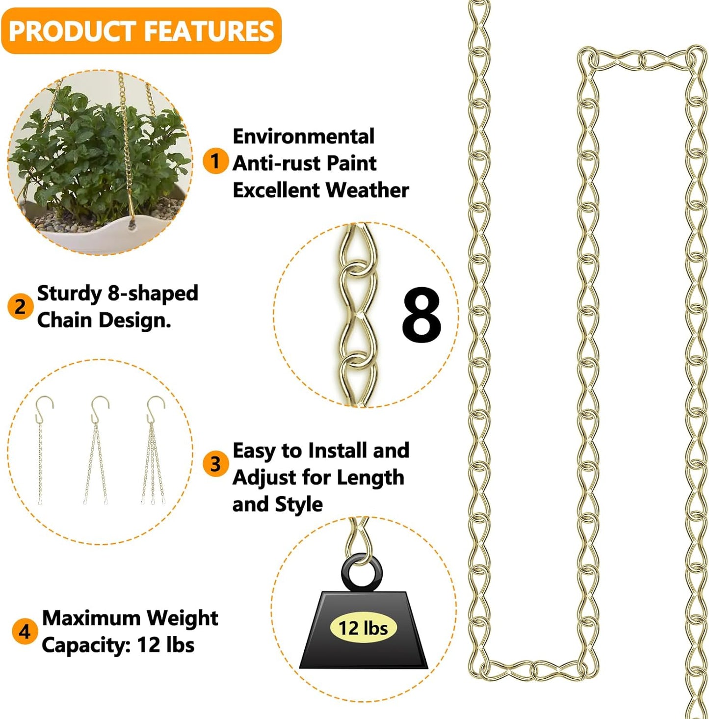 Metal Hanging Chain, 236 Inch Black Chains for Plants, 12×S Hooks, 12×Buckles, 12×Rings, 24×Screw Hooks for Bird Feeder, Planter, Wind Chimes (Gold)