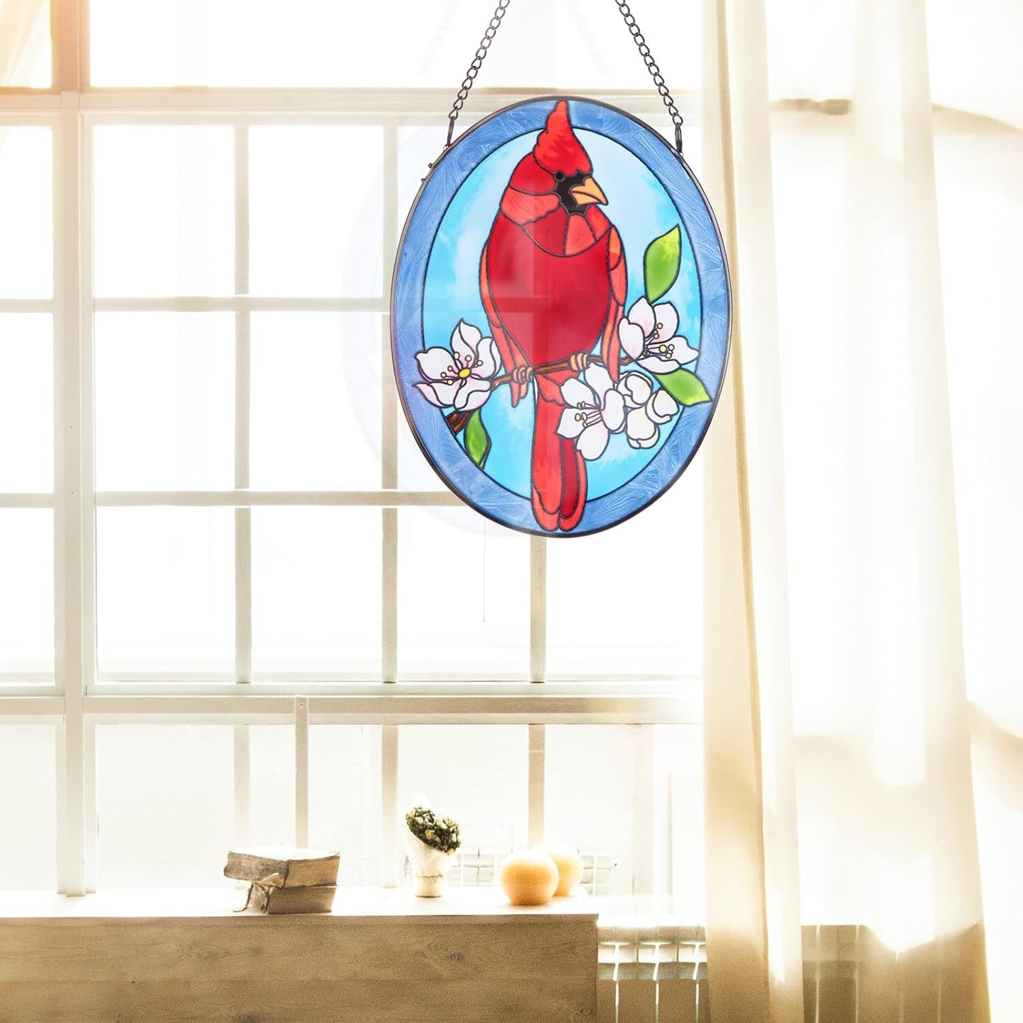 MUMTOP Stained Glass Window Hanging - 2 Pack Cardinal Suncatcher Hanging Ornaments Wall Art, Hand-Painted Glass Panel Home Decor for Grandma Gift Idea