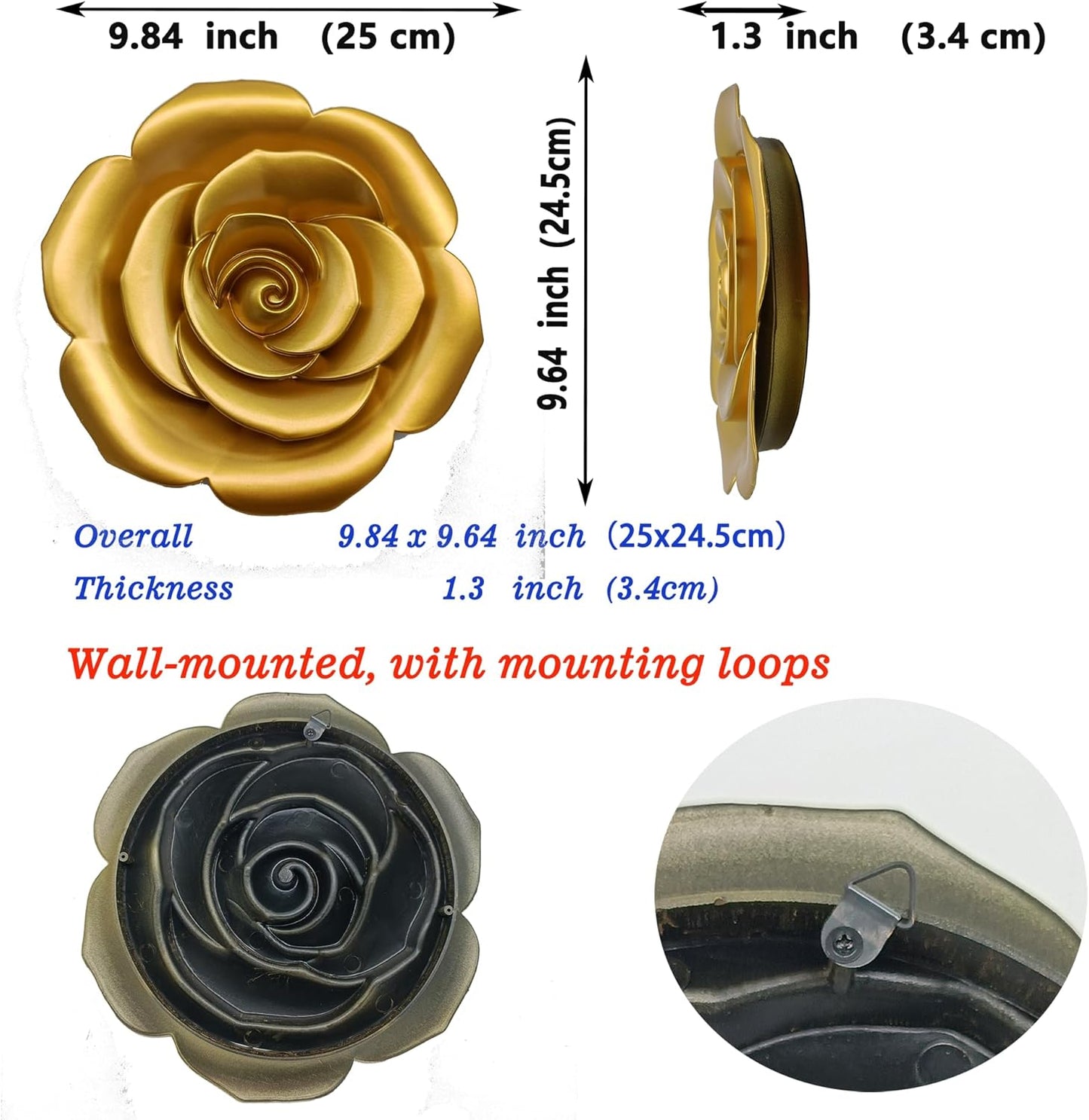 MCCXXII Golden 3D Flower Wall Decor - Shimmering Plastic Sunflower Shape Art with Hook for Home Indoor Outdoor Garden Decoration (25x24.5x3.1cm)(9.8"x9.6"x1.2")