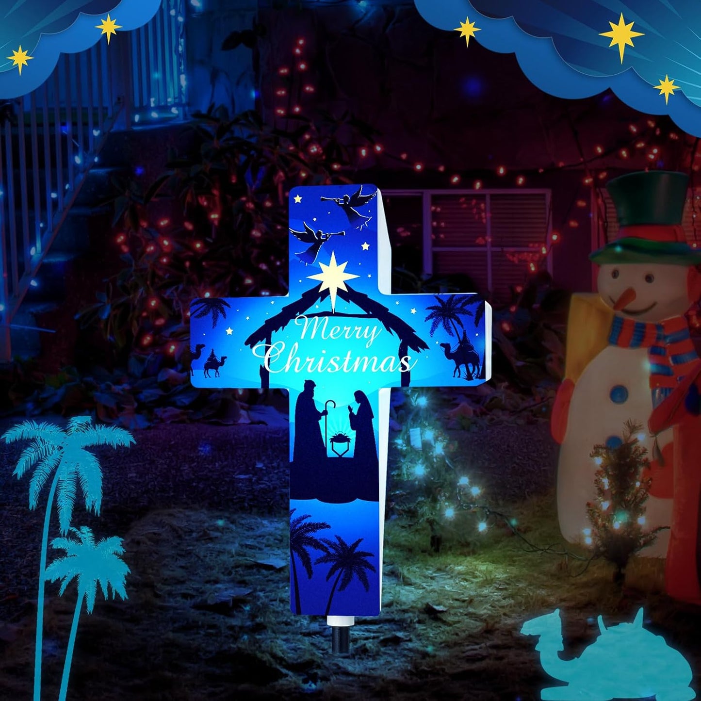 Yousoontic Outdoor Nativity Scene Solar Lighted Religious Christmas Garden Stake Nativity Scene Yard Decorations Solar Light up Holy Night Cross Stake Decor for Christmas Outside Patio Yard(Classic)