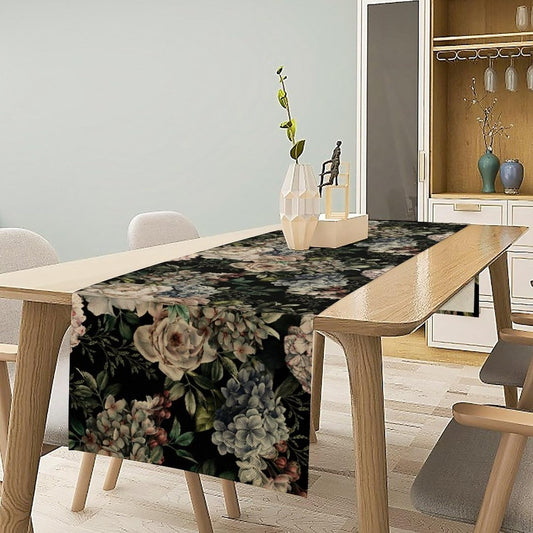 Retro Floral Table Runner, Dark Watercolor Flowers Boho Gothic Botanical Plant Art Table Runner for Indoor Outdoor Dinner Party Decor, 13x70inch