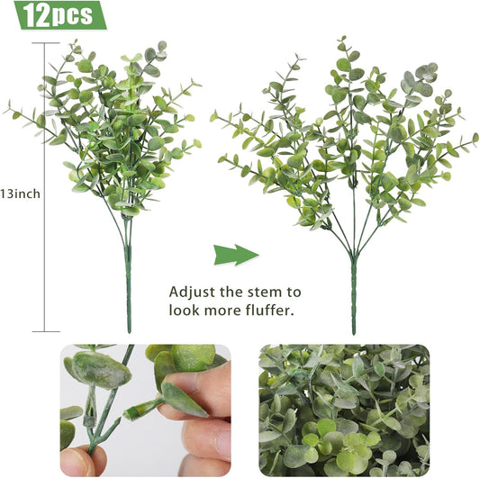RECUTMS 12 Bundles Artificial Bushes Greenery Plants Stems Faux Shrubs Boxwood Plants Outdoor Fake Eucalyptus for Spring Farmhouse Home Wedding Patio Indoor Outdoor Easter Decor(Dusty Green)