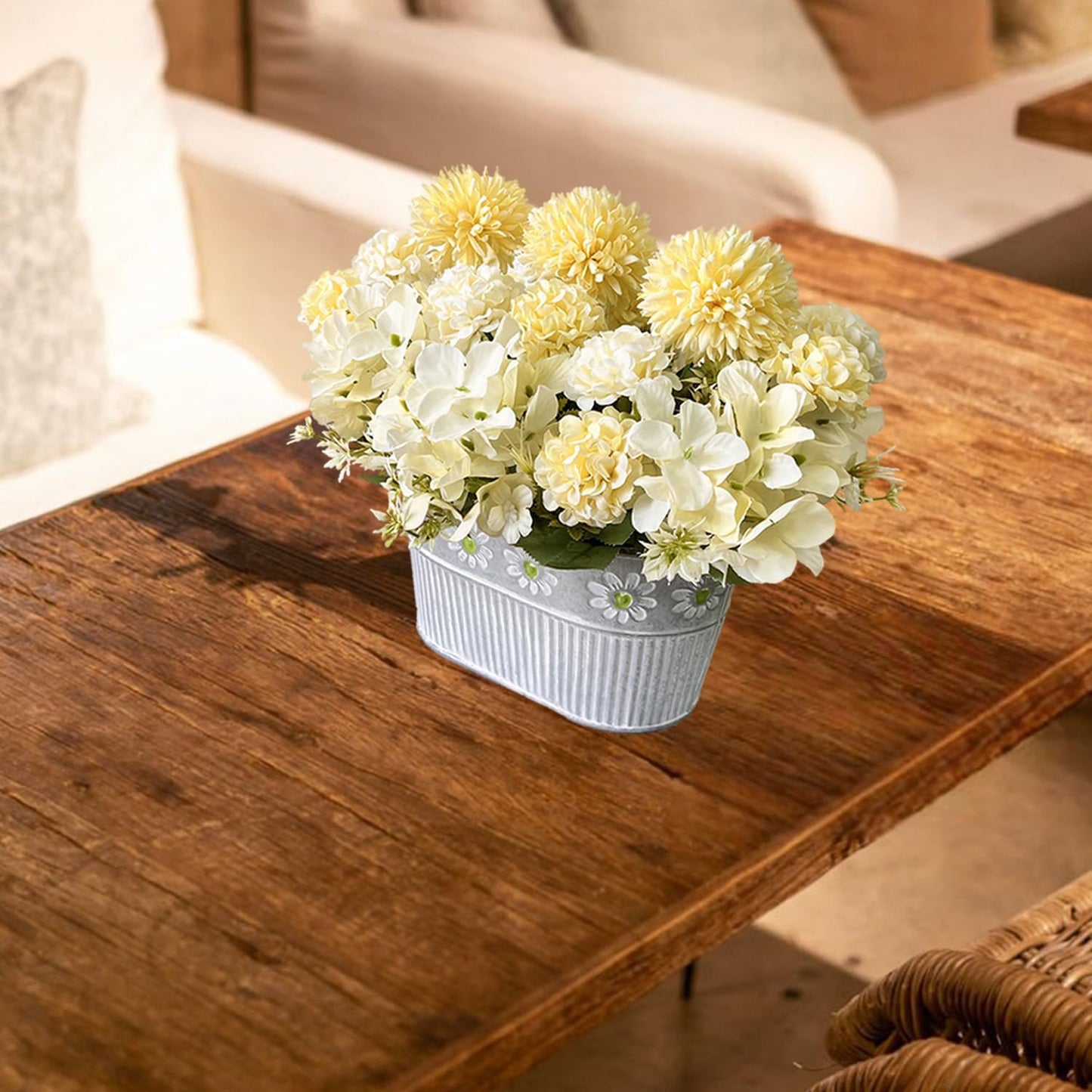 Artificial Flowers in Pot, Fake Silk Hydrangea Flower Arrangement Table Centerpiece for Home Decoration, Yellow