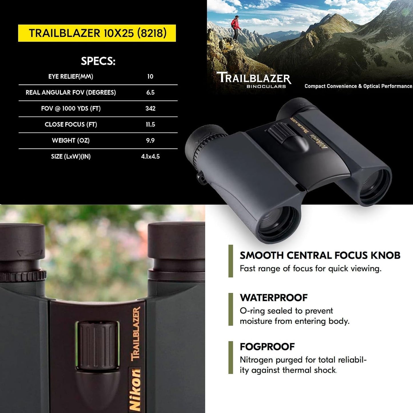 Nikon Trailblazer 10x25mm Binoculars - Compact, Waterproof & Fogproof, Bright Multilayer-Coated Optics, Roof Prism - All-Terrain Outdoor Wildlife Viewing & Birdwatching Binoculars (8218)