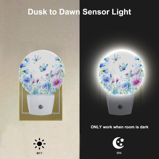 EKOBLA Floral Butterfly Plug-in Nightlights Wildflowers & Butterflies Spring Garden Night Light with Auto Sensor LED Lighting for Kitchen Bedroom Bathroom Home Decor