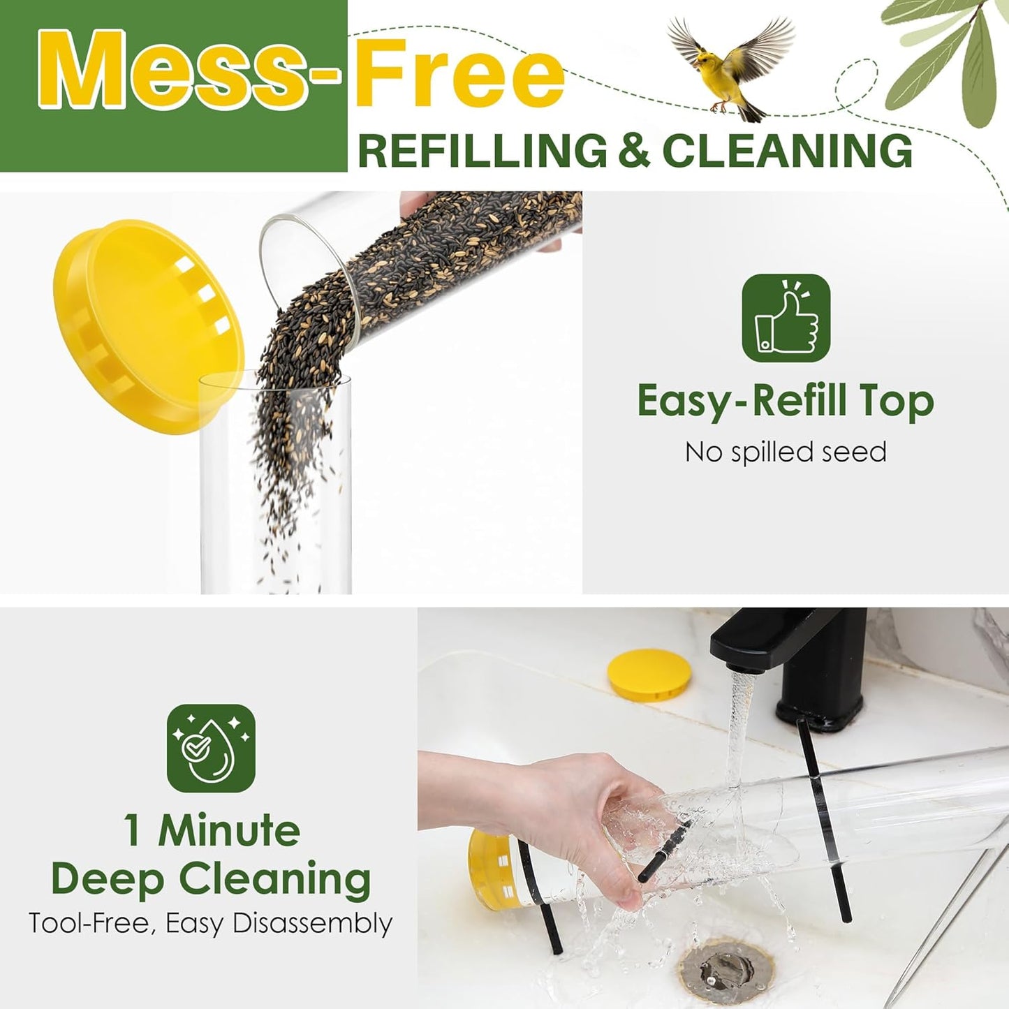 Thistle Feeder for Goldfinches with Upside Feeding Design, Hanging Finch Feeder for Outside, 15.9-Inch Tube Bird Feeders with 6 Small Ports & 3 Perches, Easy to Refill and Clean, Yellow