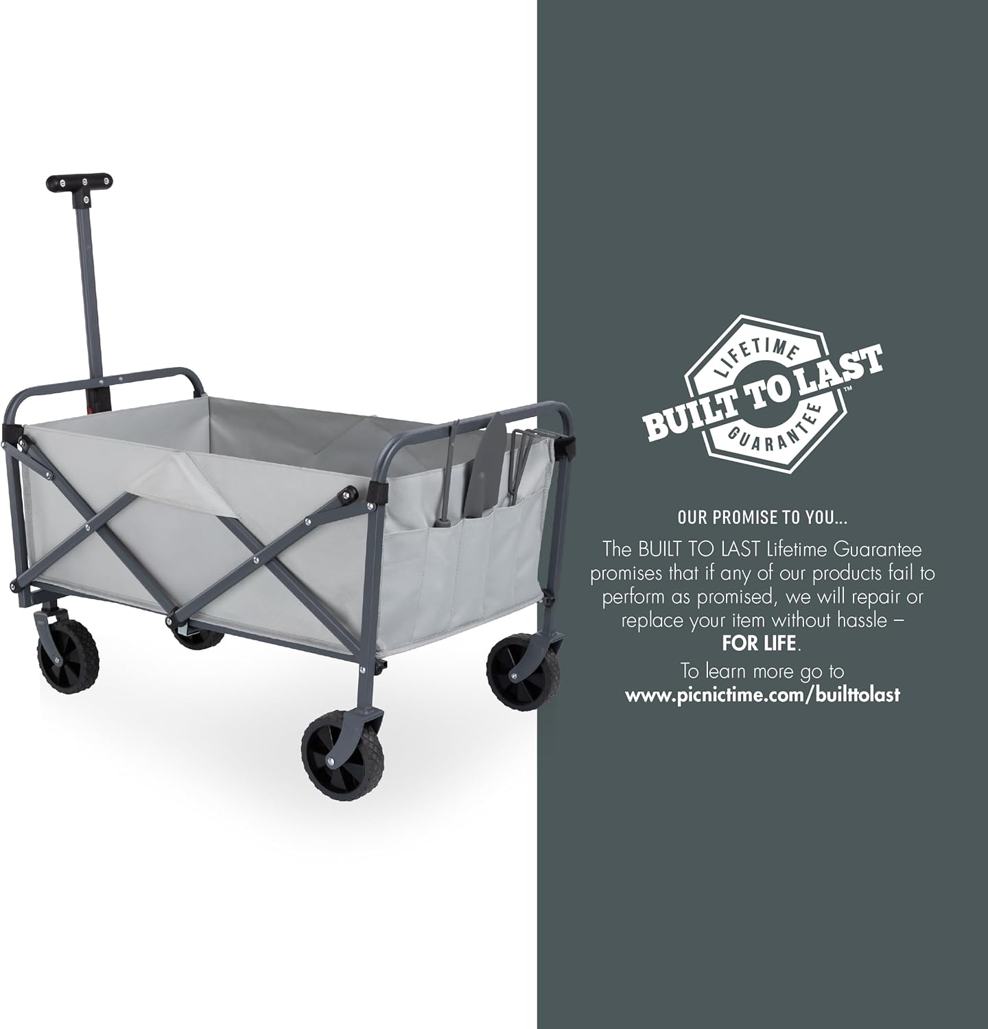 Picnic TIME Garden Wagon with 3 Piece Tools, Utility Cart with Wheels, Steel Frame Collapsible Wagon for Outdoor, Rolling Cart Featuring Telescopic Handle, Removable Insert, and Pockets, (Fog Gray)