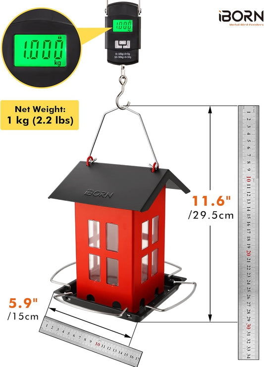 iBorn Bird Feeder House, Metal Bird Feeders for Outdoors Hanging,Double-Sided Metal Hanger & Weatherproof, Easy to Clean & Refill, 1.5 Lbs Capacity, Red