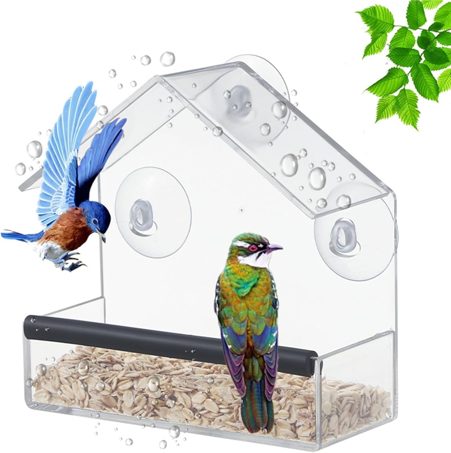 Window Bird Feeder with Strong Suction Cups & Fixed Seed Tray, Transparent Acrylic Birdfeeder for Outdoor (Balcony/Patio), for Wild & Pet Bird Watching Lovers (Small House)
