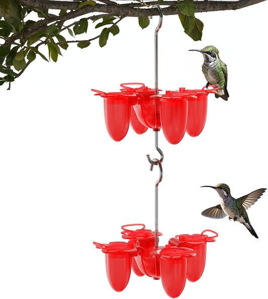 Red Plastic Small Hummingbird feeders for Outdoors Hanging, ant Moat, Bee Guards, 4 Feeding Ports & Perches, Easy to Clean and Refill, Including Hanging Hook/Cleaning Brushes & Pointed Water Bottle