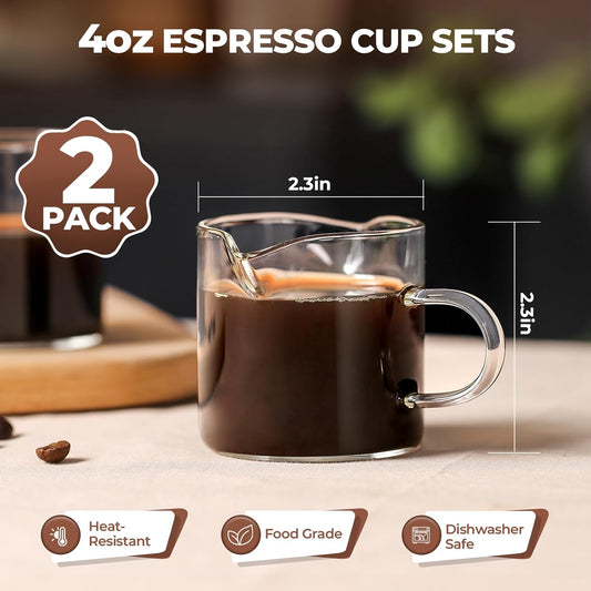 Espresso Cups Set of 2, 4 Oz Espresso Shot Glass with Handle Double Spout Cups Clear Glass Milk Cup Coffee Accessories Great for Making Coffee Desserts Salad Dressing