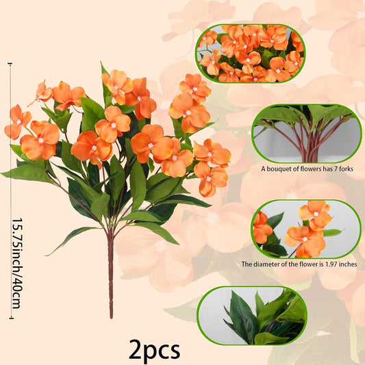 2 Pcs Artificial Impatiens Flowers for Outdoors Silk Flowers Bushes Greenery Bouquet Orange Faux Impatiens for Outdoor Planters Patio Lawn Garden Pot Hanging Basket Porch Home Fall Decoration