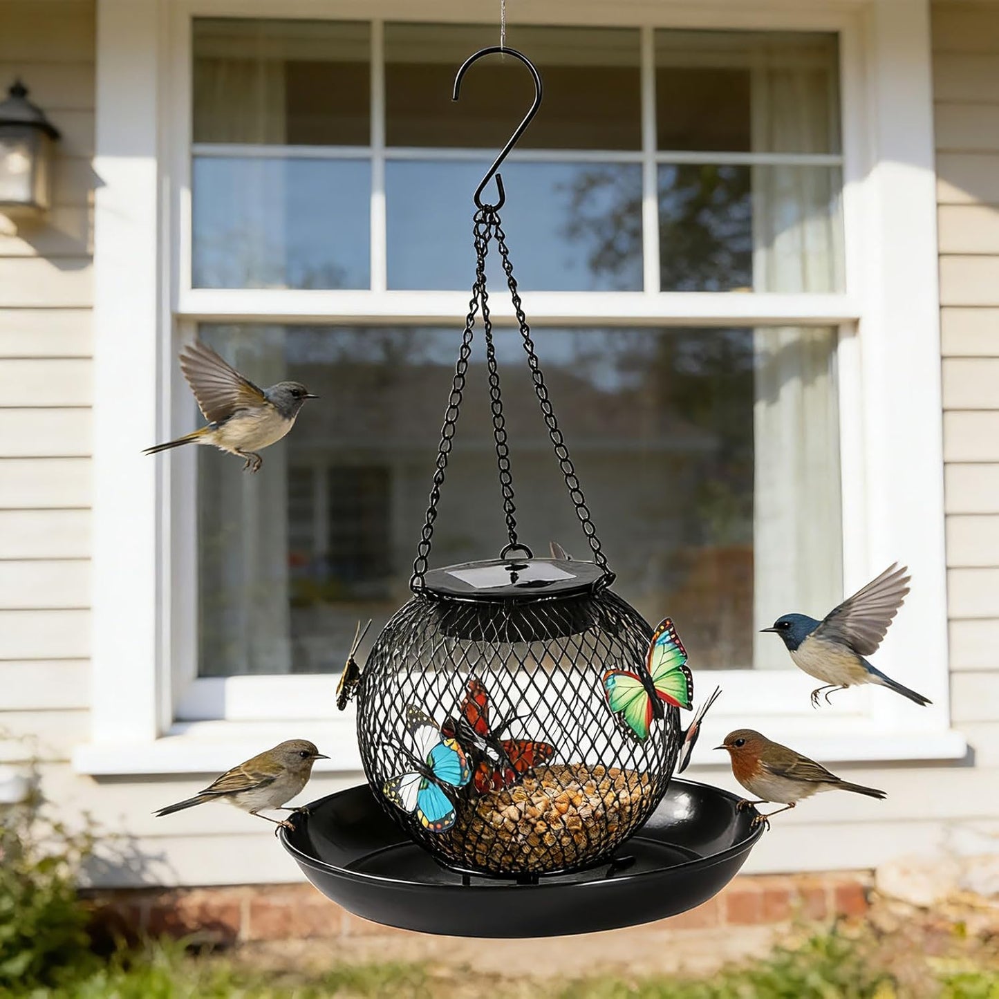 Bird Feeders for Outdoors Hanging, Outside Metal Wild Bird Feeder with Solar Light, Garden Decor for Yard/Patio -Birthday Gifts for Women Mom Grandma Bird Lovers