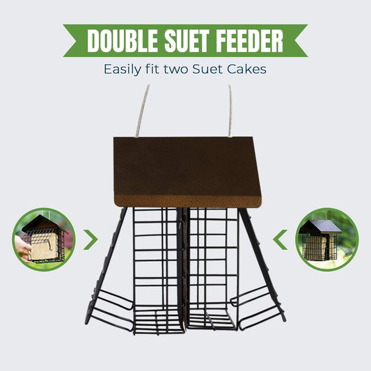 MEKKAPRO Suet Feeder for Outside Hanging Metal Roof, Woodpecker Feeder, Two Suet Bird Feeder Capacity, Cage Hanger Hanging Bird Feeder Easily Fits 2 Suet Cakes Holder - Wild Bird Feeder Basket