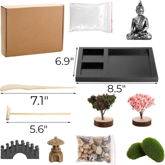 Hiceeden Zen Garden Kit for Desk, 8.5×7.5 Inches Japanese Mini Zen Garden Accessories, Sand Tray Therapy Kit Meditation Gift for Home Office Desk Decor