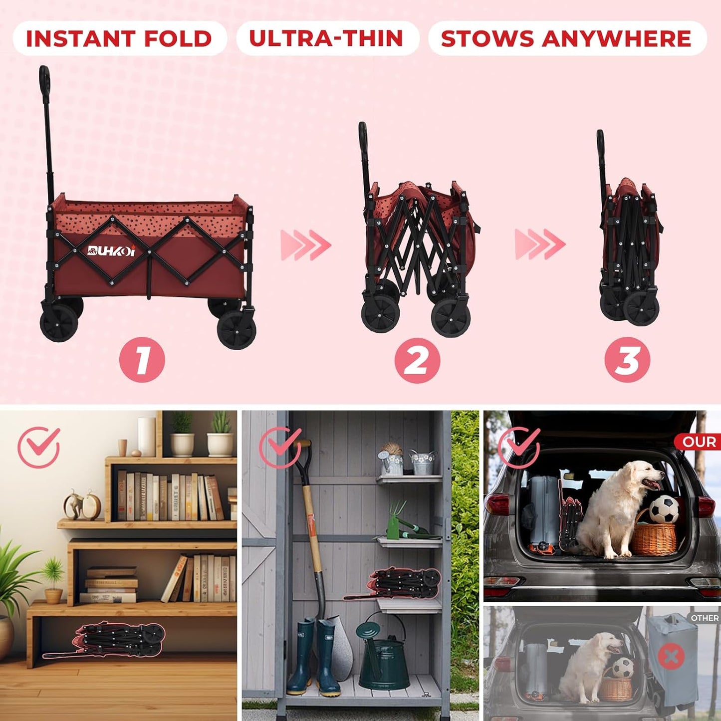Collapsible Wagon Cart with Wheels Foldable,11 Lbs Lightweight Portable Folding Utility Wagon,90 L Heavy Duty Grocery Shopping Carts,Versatile for Garden Sports Camping Outdoor Use (Brick Dot)