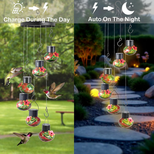 Solar Wind Chimes Hummingbird Feeder for Outdooors, Blue Hand-Blown Glass Bird Feeders with Leak-Proof Design, Ant & Bee Resistant, Perfect Garden Patio Decor (Red and Green)