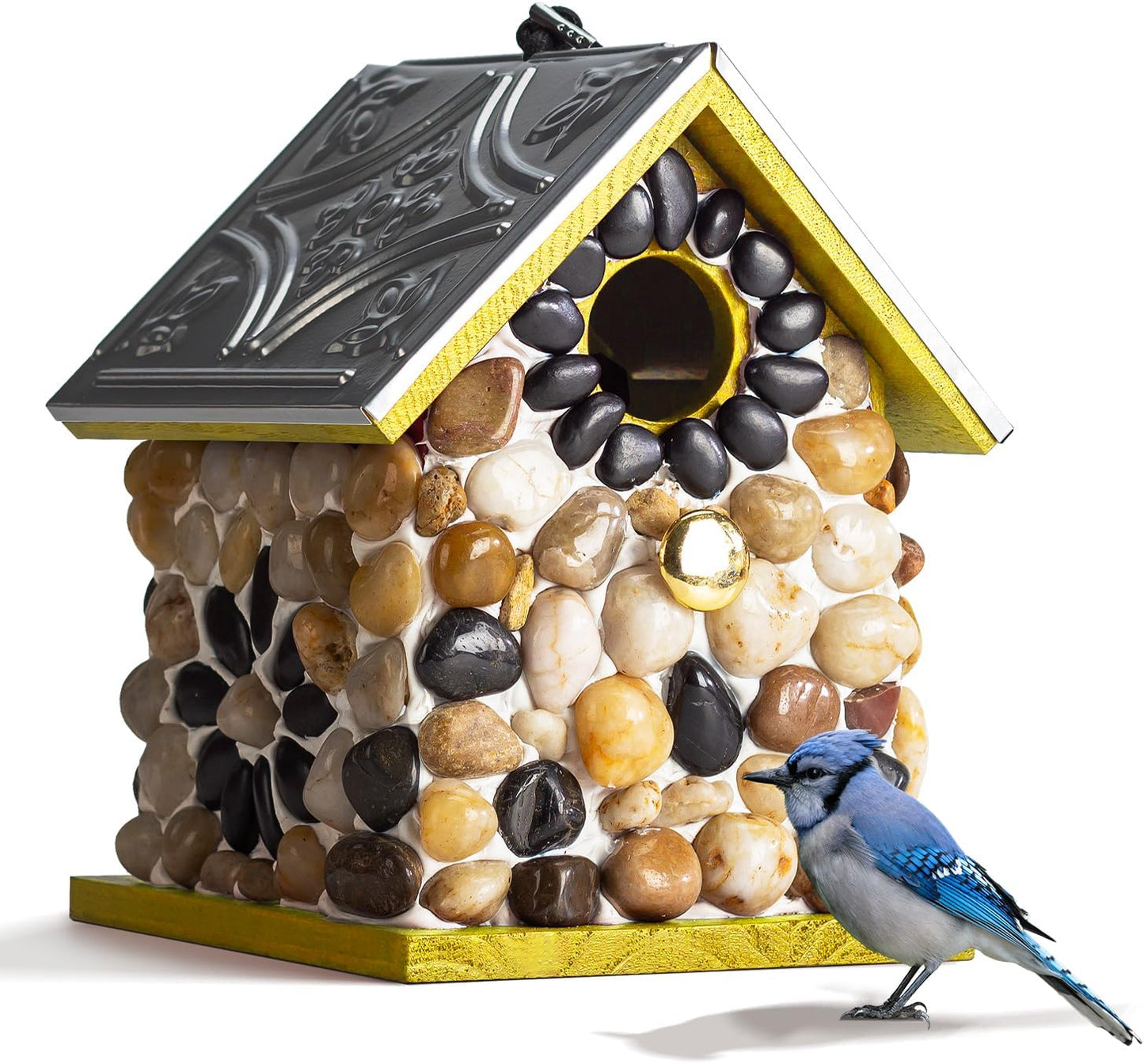 Premium River Pebble Bluebird House – Cedar Wood Outdoor Birdhouse with Embedded Metal Roof, Weather-Resistant Garden Nest Box for Wild Birds, Hanging & Pole Mountable (Yellow)