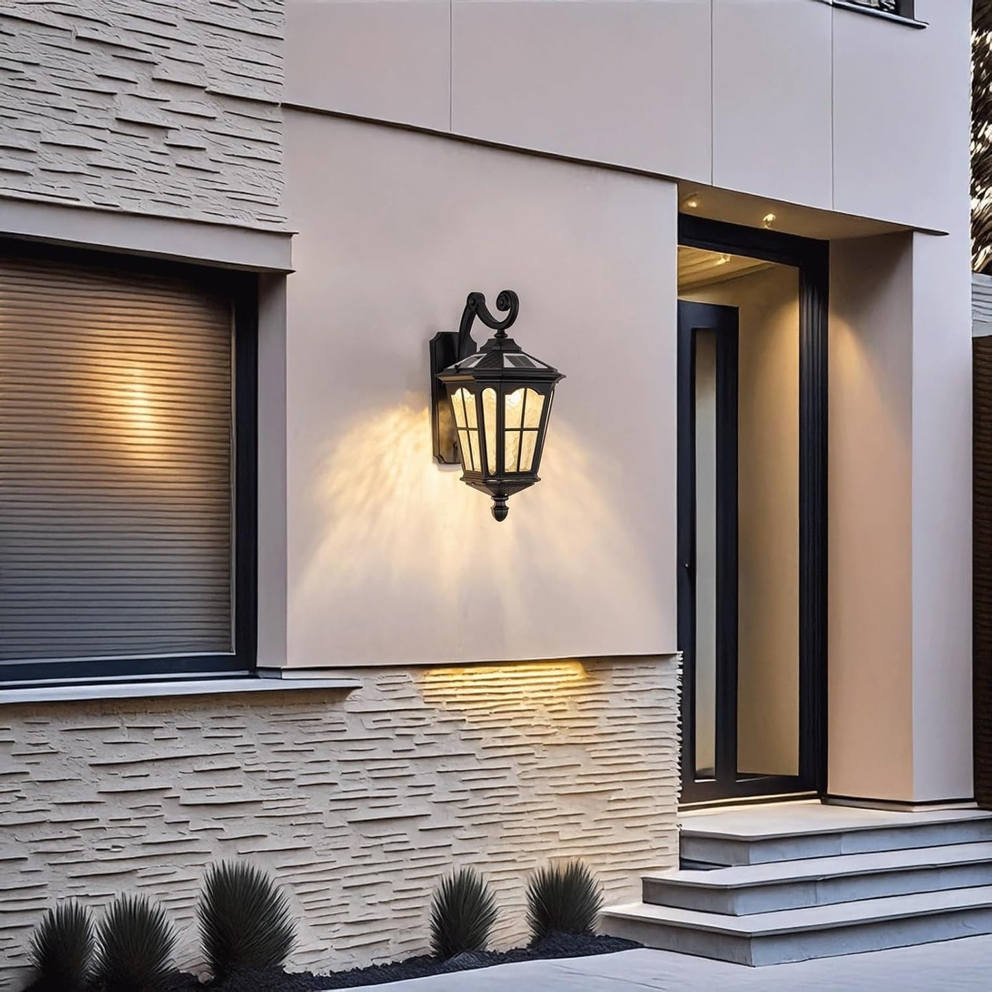 Solar Wall Lantern, IP65 Waterproof Outdoor Light Fixture, Dusk to Dawn Sensor, Black Aluminum Mounted Lamp, Vintage Exterior Sconce for Porch Patio Garage Garden Yard Cottage(Small)