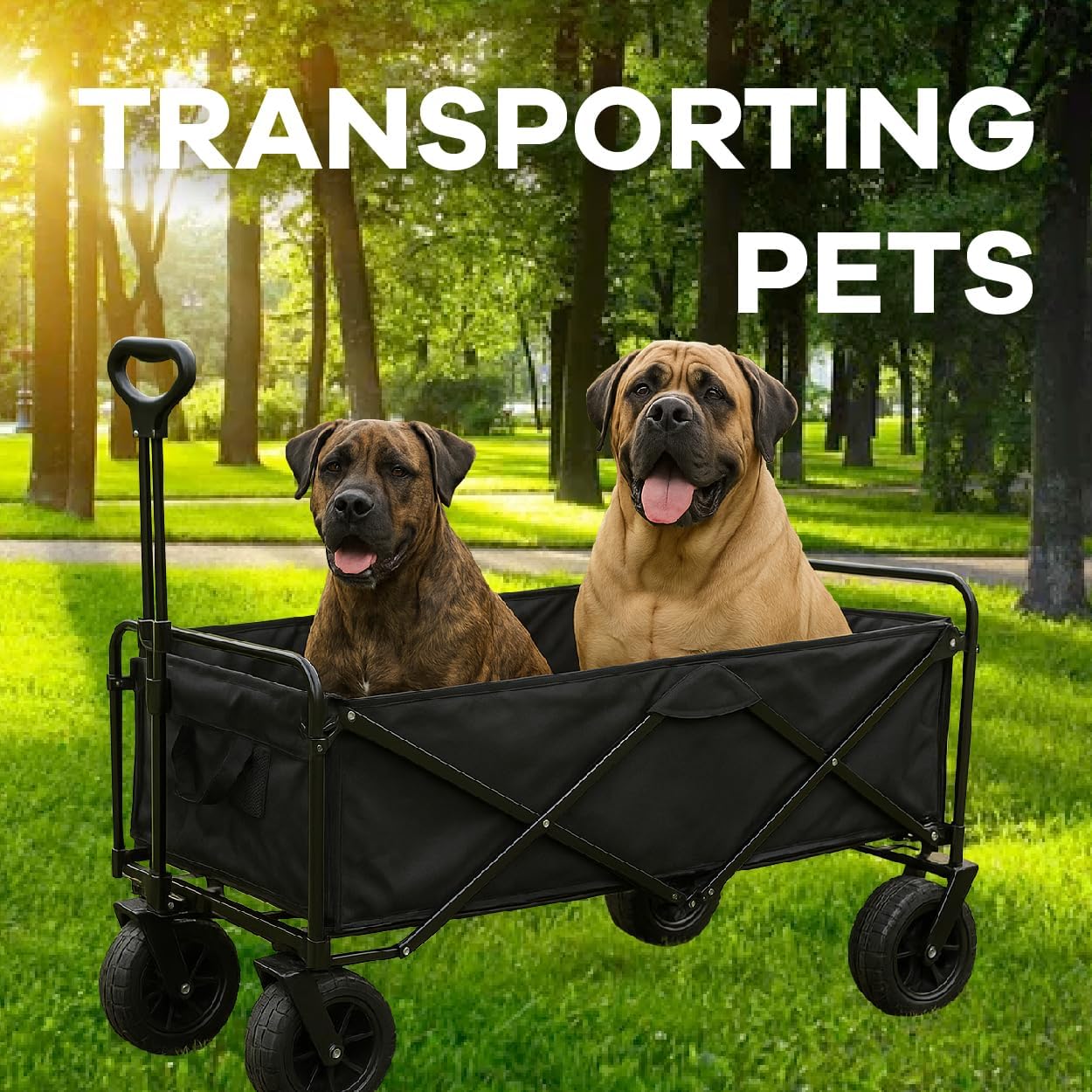 Collapsible Utility Wagon Cart, Heavy Duty Folding Garden Cart with Wheels, Black Steel Frame, 150 L Capacity - 330 LB Capacity