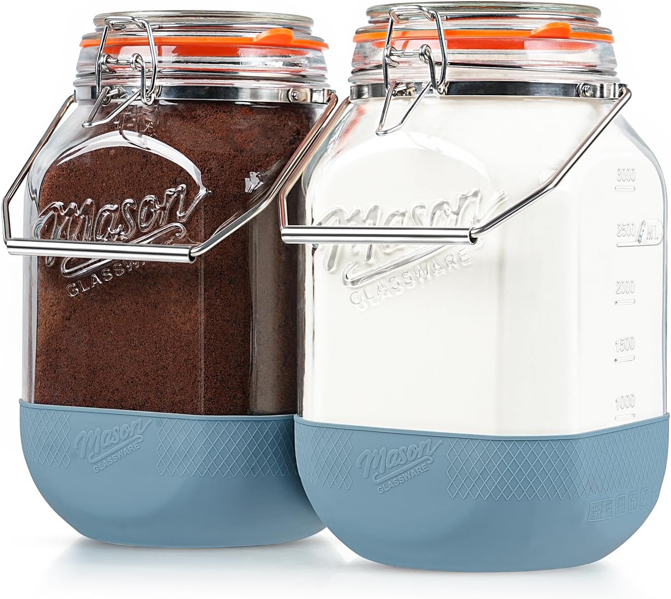 2 Pack Square 1 Gallon Glass Jar with Airtight Lid, Large Mason Jars Wide Mouth 128 Oz with Scale Marks & Handle, Glass Storage Containers with Anti-slip Base for Kitchen, Pantry, Laundry Room, Flour