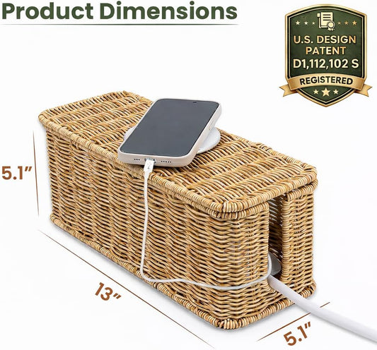 Cable Management Box, Handmade Rattan Cable Organizer with 2 Open Slots, Cord Hider for Power Strip, Router & USB Hub, Registered U.S. Design Patent (D1,112,102), 13" x 5.1" x 5.1", Natural