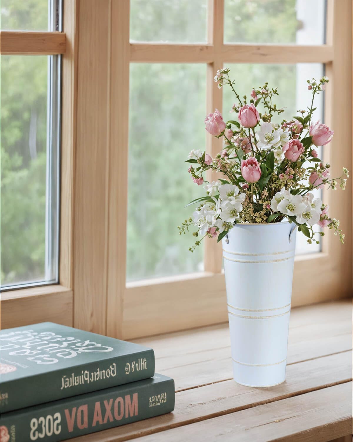 Vensovo Metal Flower Bucket Vase with Handles, 9 Inch White Rustic Farmhouse Centerpiece for Spring Home Decor & Wedding, Set of 2