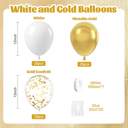 60pcs Gold and White Balloons 12inch, White and Gold Balloons with Metallic Gold Confetti Balloons for Graduation Wedding Engagement Birthday Party Decorations