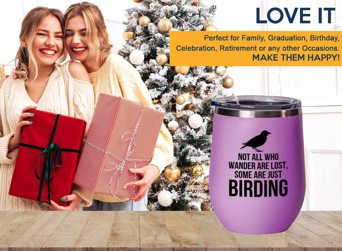 Birding Pink Edition Wine Tumbler 12oz - Not all who wander - Bird Feeder Backyard Birdwatcher Gifts Birding Bird Lover