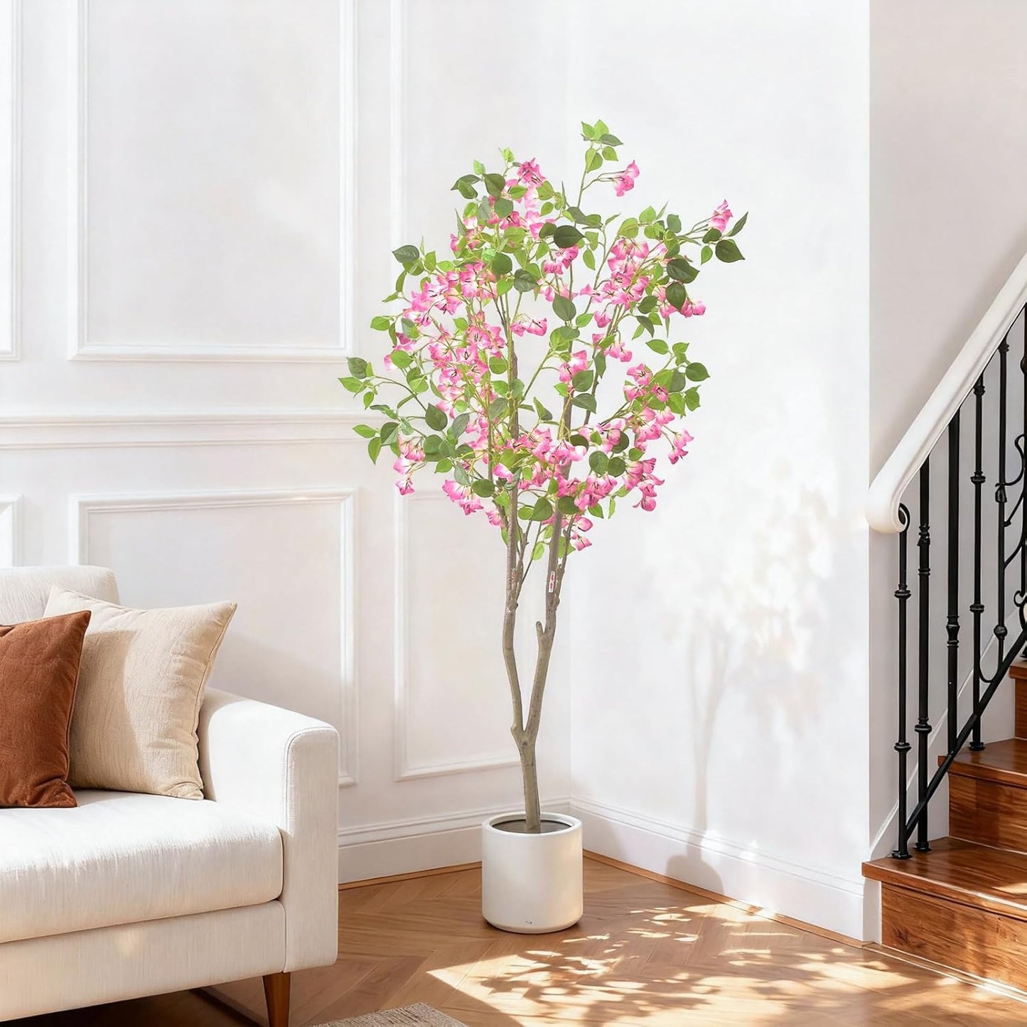 5Ft Artificial Trees Tall Fake Plant in White Planter Pot Faux Bougainvillea Faux Tree for Living Room Indoor Home Decor Front Porch Office Decor