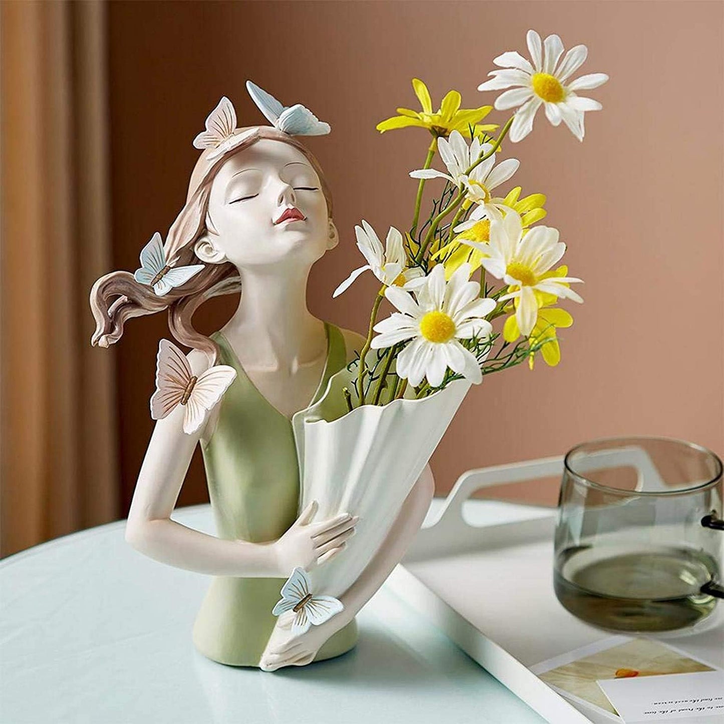 Girl Figurines Flower Vase Resin Girl Statue Sculpture Floral Flower Pots Flower Holder Desktop Planter for Home Office Table Ornaments - Green