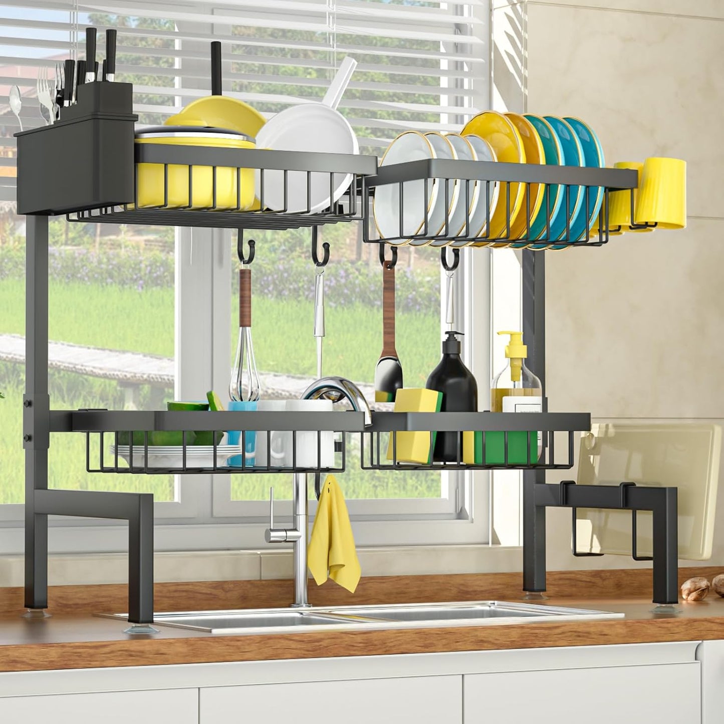 SNSLXH 4 Baskets 2-Tier Over The Sink Dish Drying Rack, 26.57"-35", Large Sink Rack for Kitchen, Extensible and Adjustable, Saving Kitchen Space