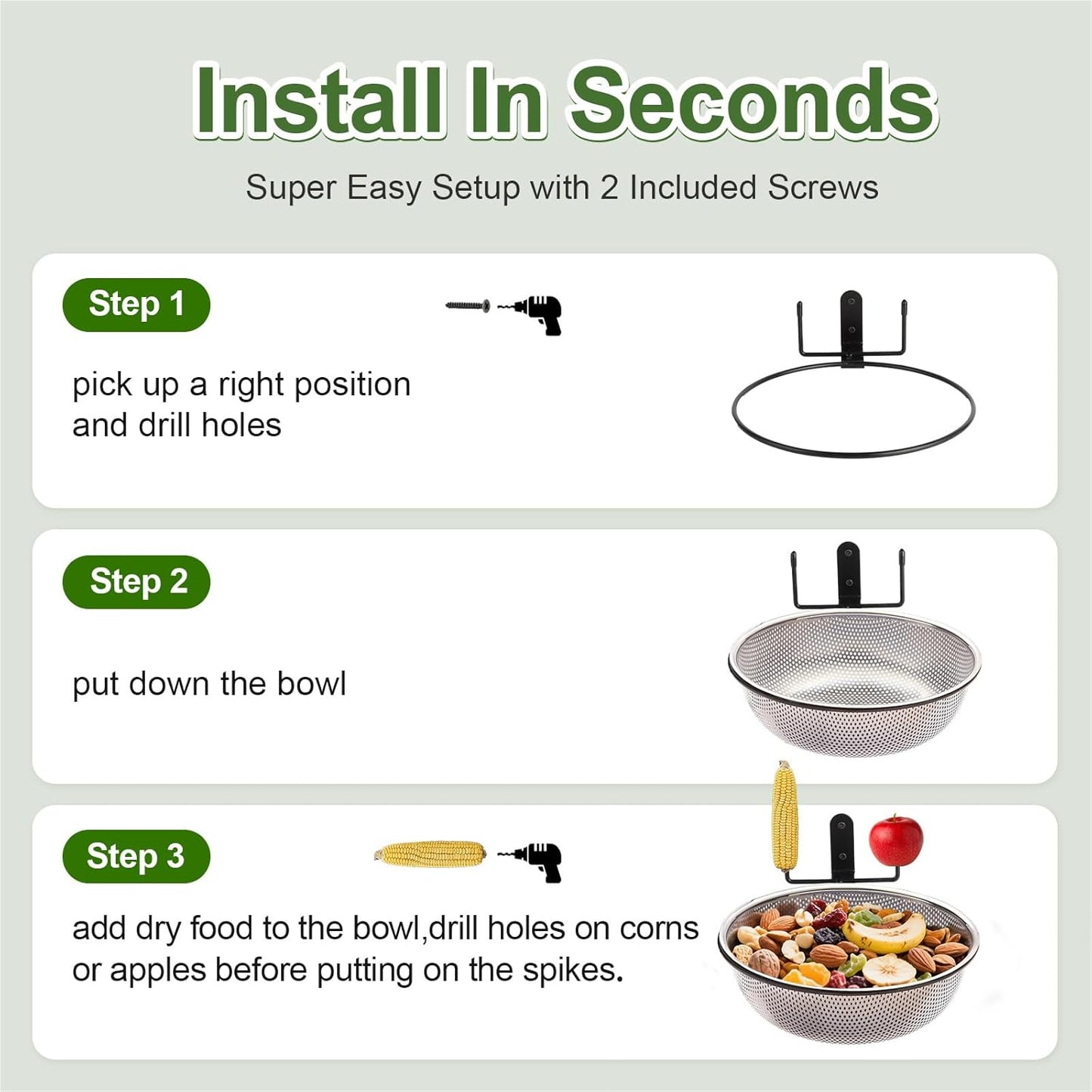 Squirrel Feeder Bowl (2L) Trees or Fences Mounted, Removable Squirrel Feeder with 2 Squirrel Corn Cob Spikes, Outdoor 8.8" Stainless Steel Feed Bowl with Drainage Holes, Easy to Clean/Refill(Black)