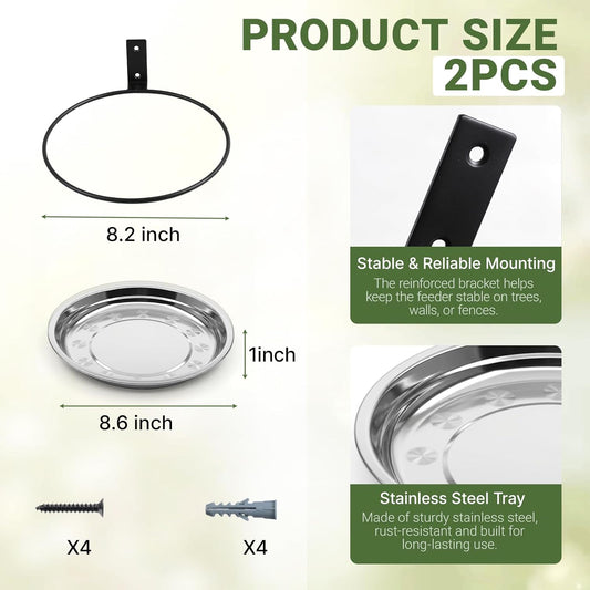 2 Pack Bird Feeder Tree Mount, 8.6 Inch Stainless Steel Fence Crow feeders for Outside with Metal Holder, Wild Bird Bath Tray for Outdoor Garden