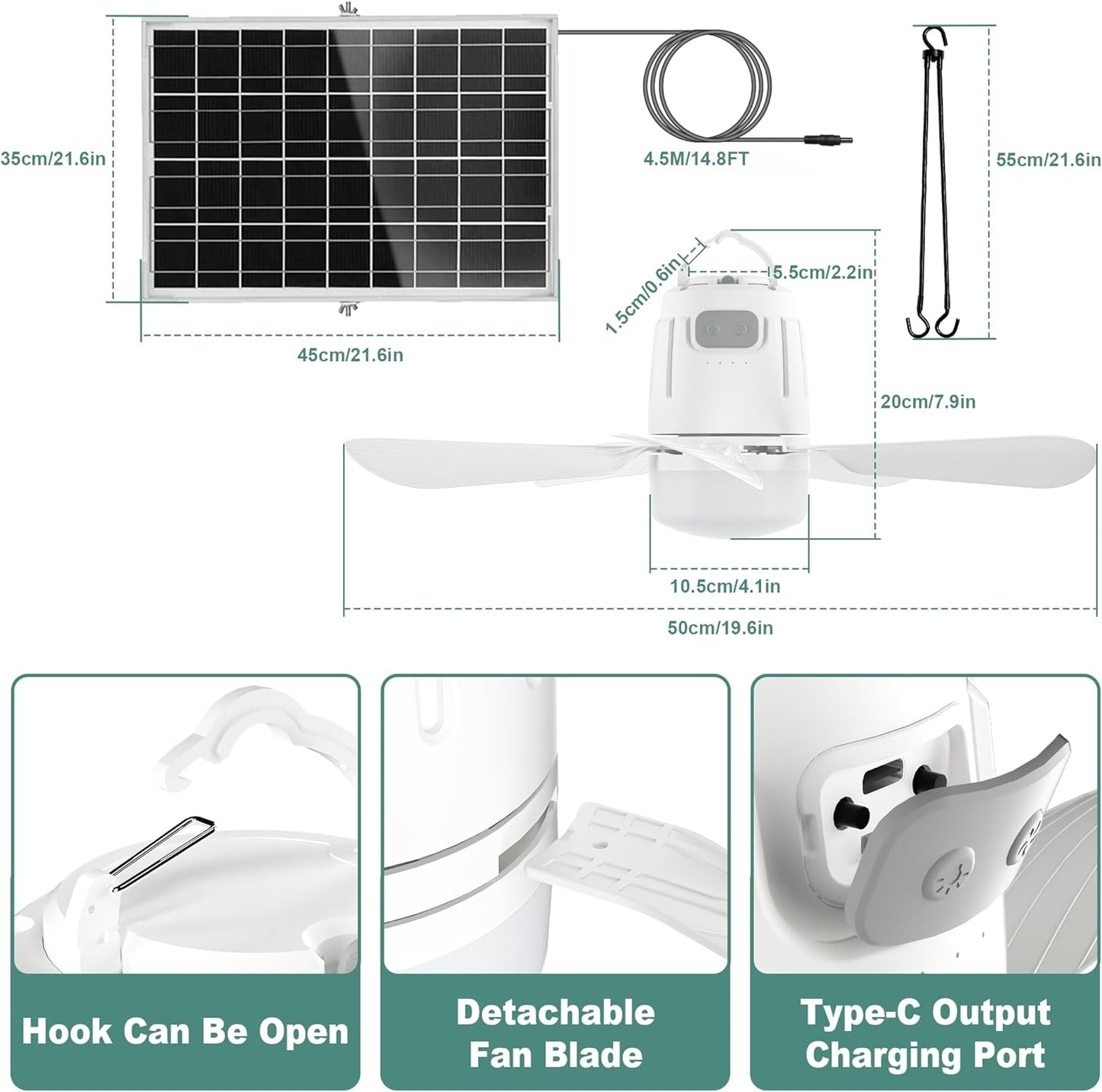 Solar Ceiling Fan Light, 20000mAh Portable Gazebo fan with 30W Solar Powered Fan with Remote Control, Outdoor Ceiling Fan with Light for Patios, Canopy, Shed, RV, Porch and Chicken Coop