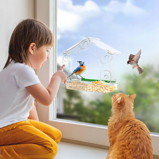 Window Bird Feeder, Clear Birds Feeder with 5 Strong Suction Cups, Eas